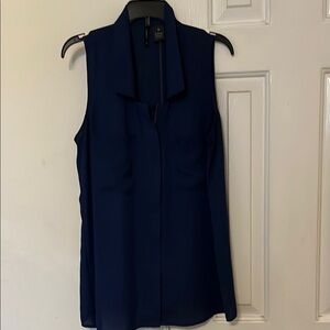 New Directions Blue Sleeveless Notched Collar Blouse